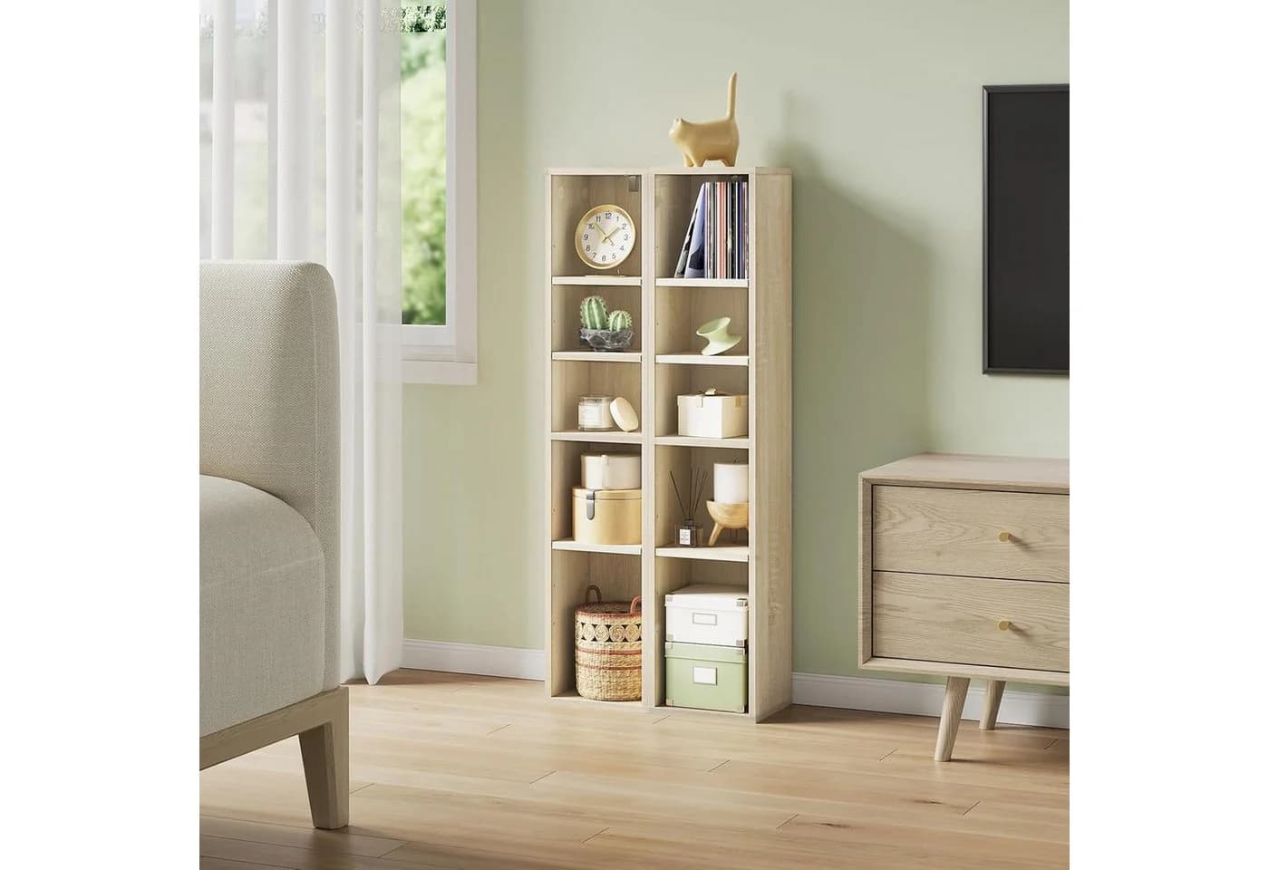 Woltu Bücherregal 2-tlg. Weiß/Helle Eiche 10 Fächer CD-Ständer