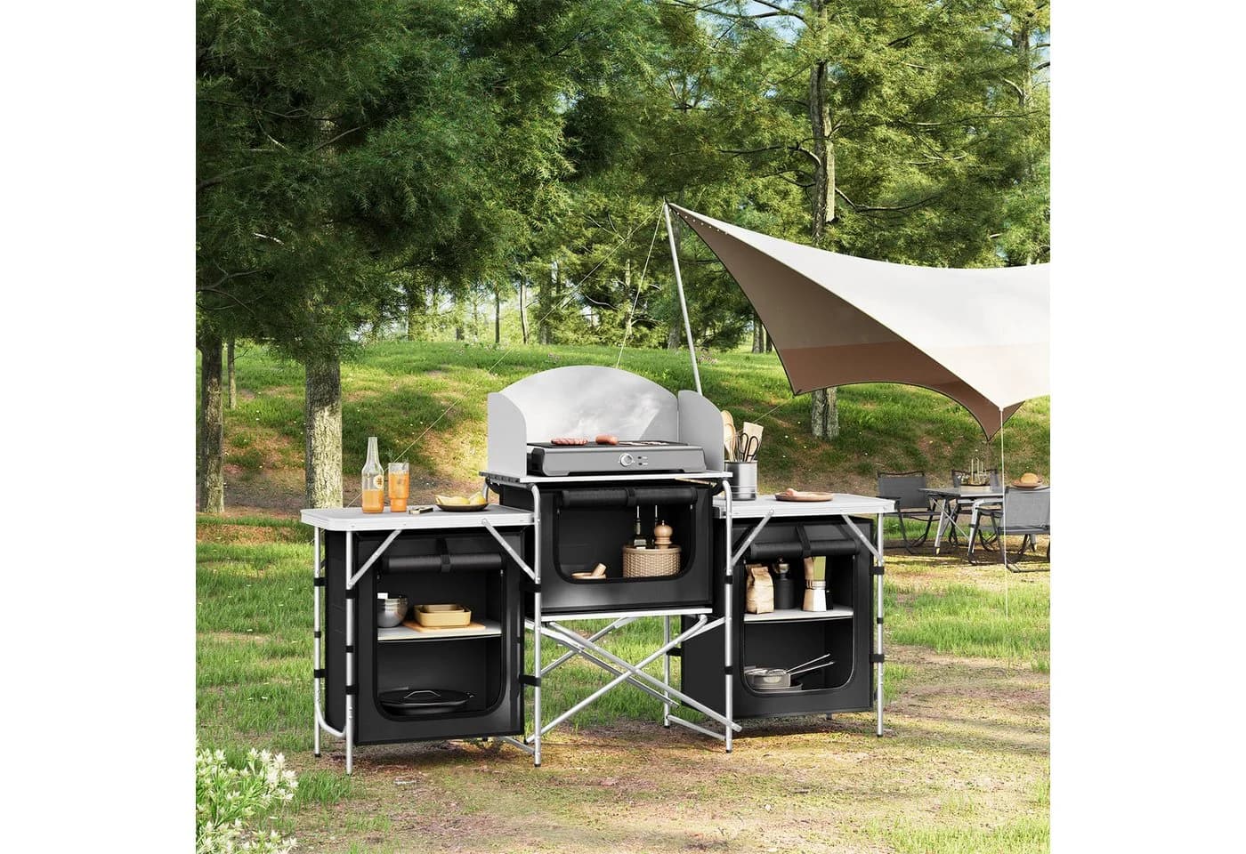Woltu Campingschrank faltbar Outdoor Küche Schwarz/Dunkelgrau