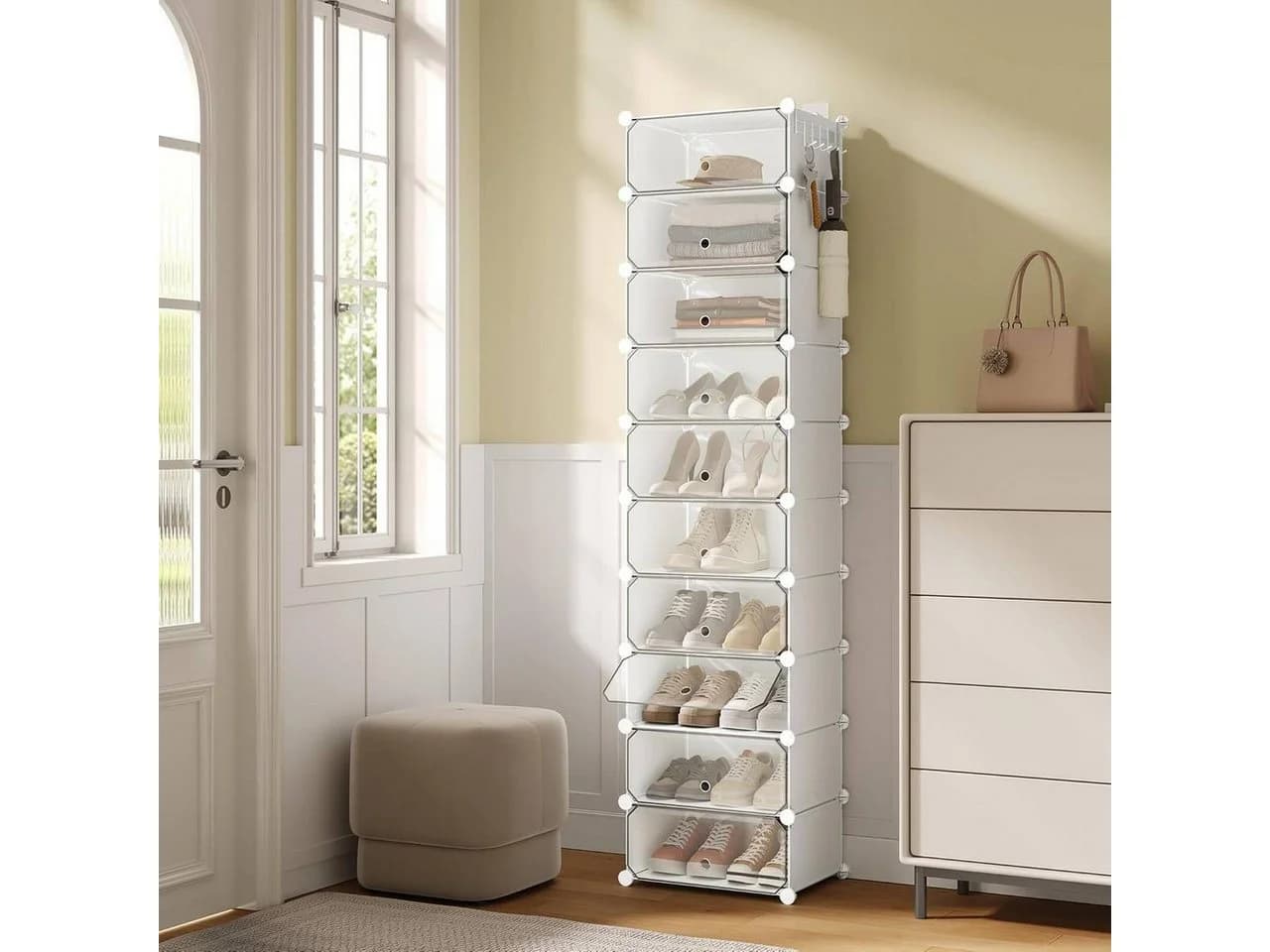Woltu Schuhbox 10-teilig Weiß Stapelbar mit Tür
