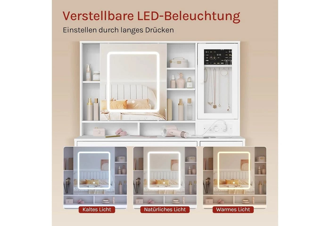 Woltu Schminktisch Weiß mit LED-Spiegel, Hocker und Steckdosen