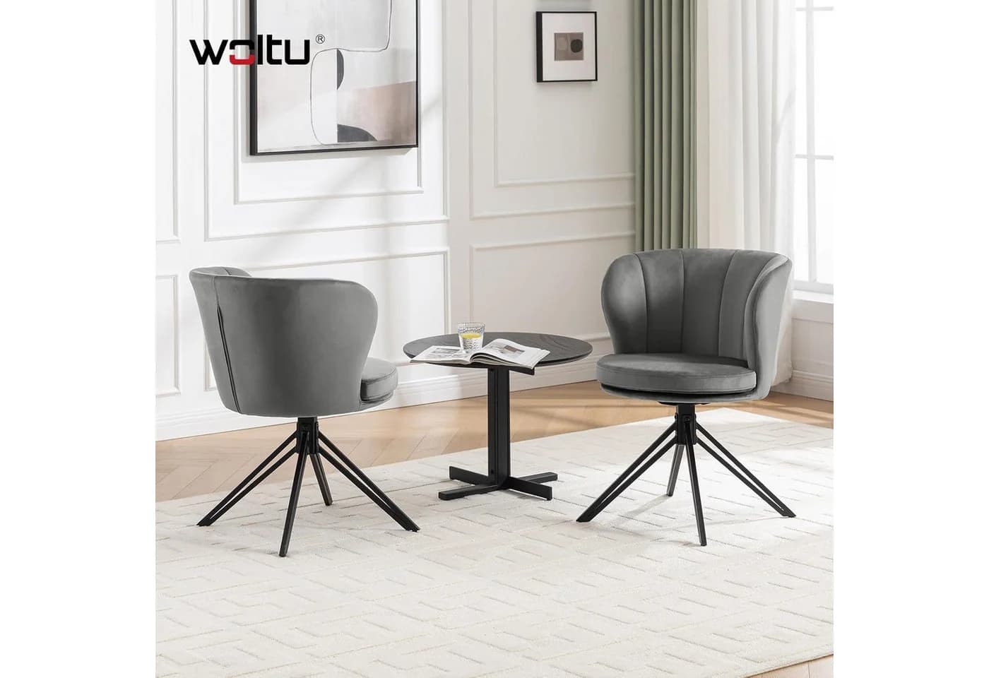Woltu 4-Fußstuhl 2er Set Grau Samt 360° Drehbar mit Armlehne