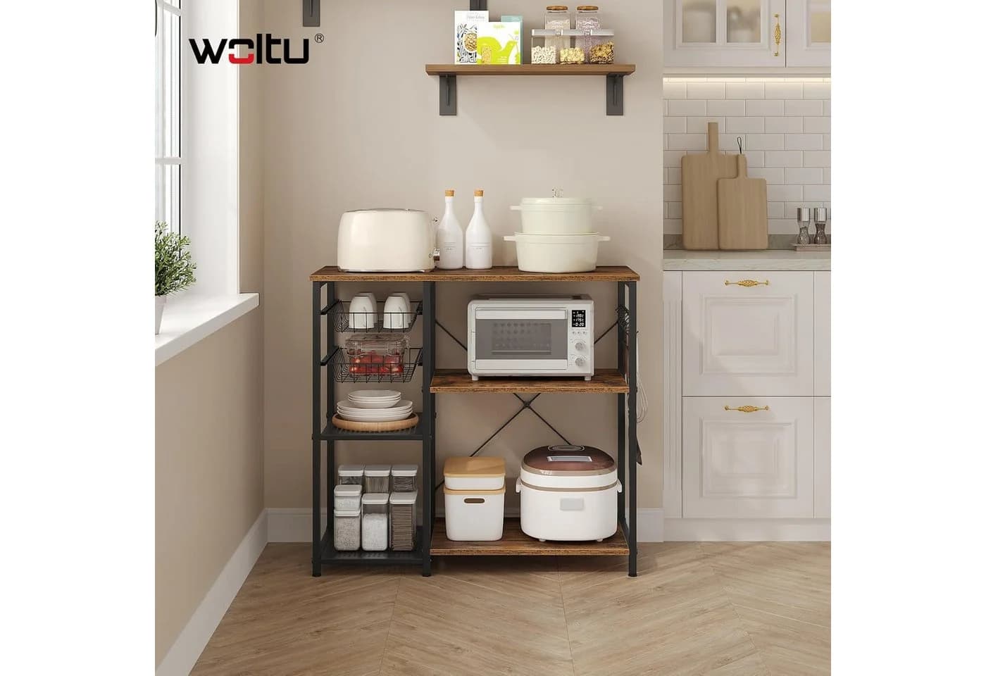 Woltu Küchenregal Industriestil Braun/Schwarz mit 2 Körben