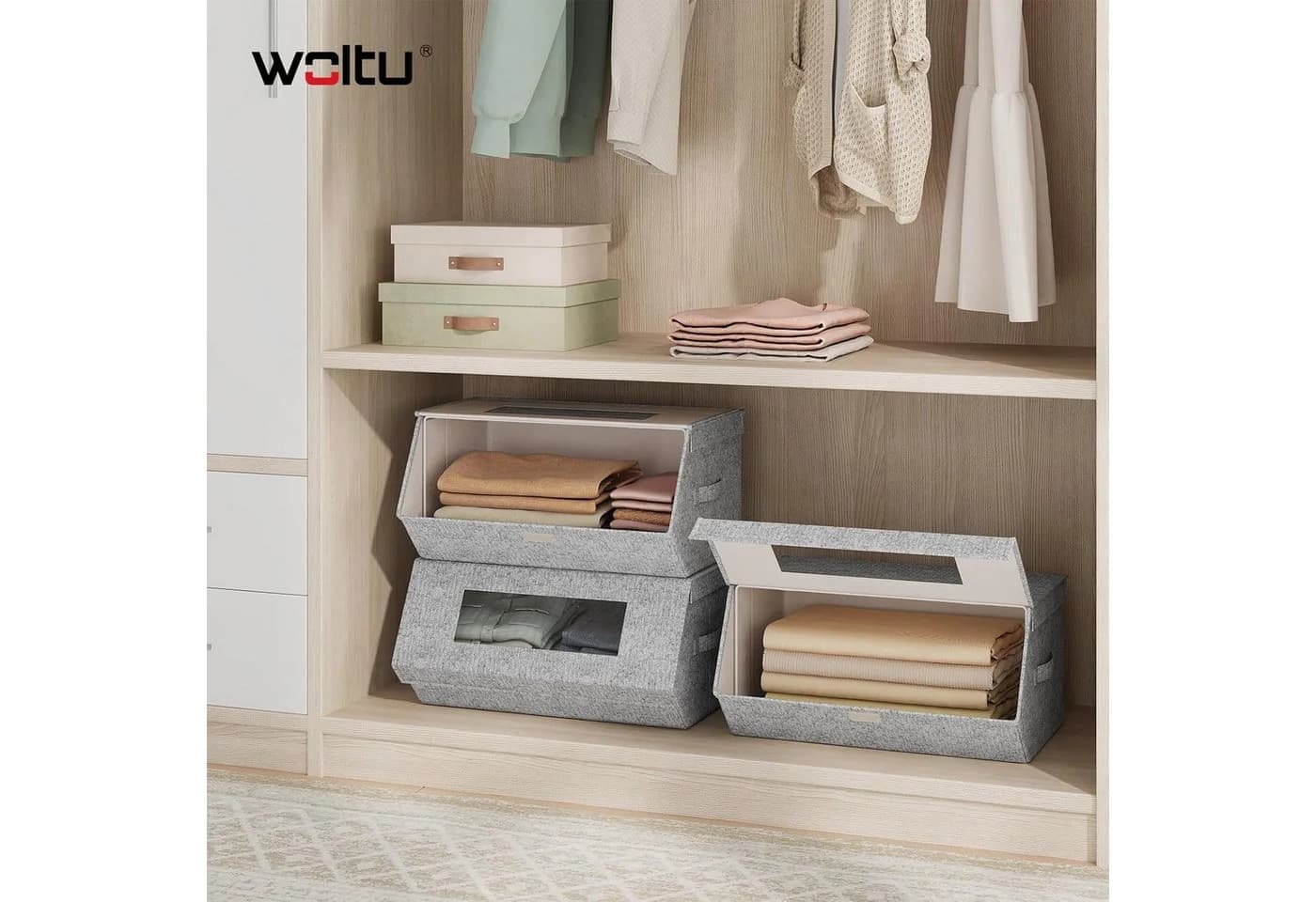 Woltu Aufbewahrungsbox 3er Set Grau Beige Stapelbar mit Magnetverschluss