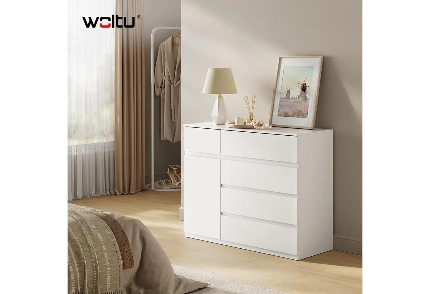 Woltu Kommode Modern Weiß 5 Schubladen 1 Schrank