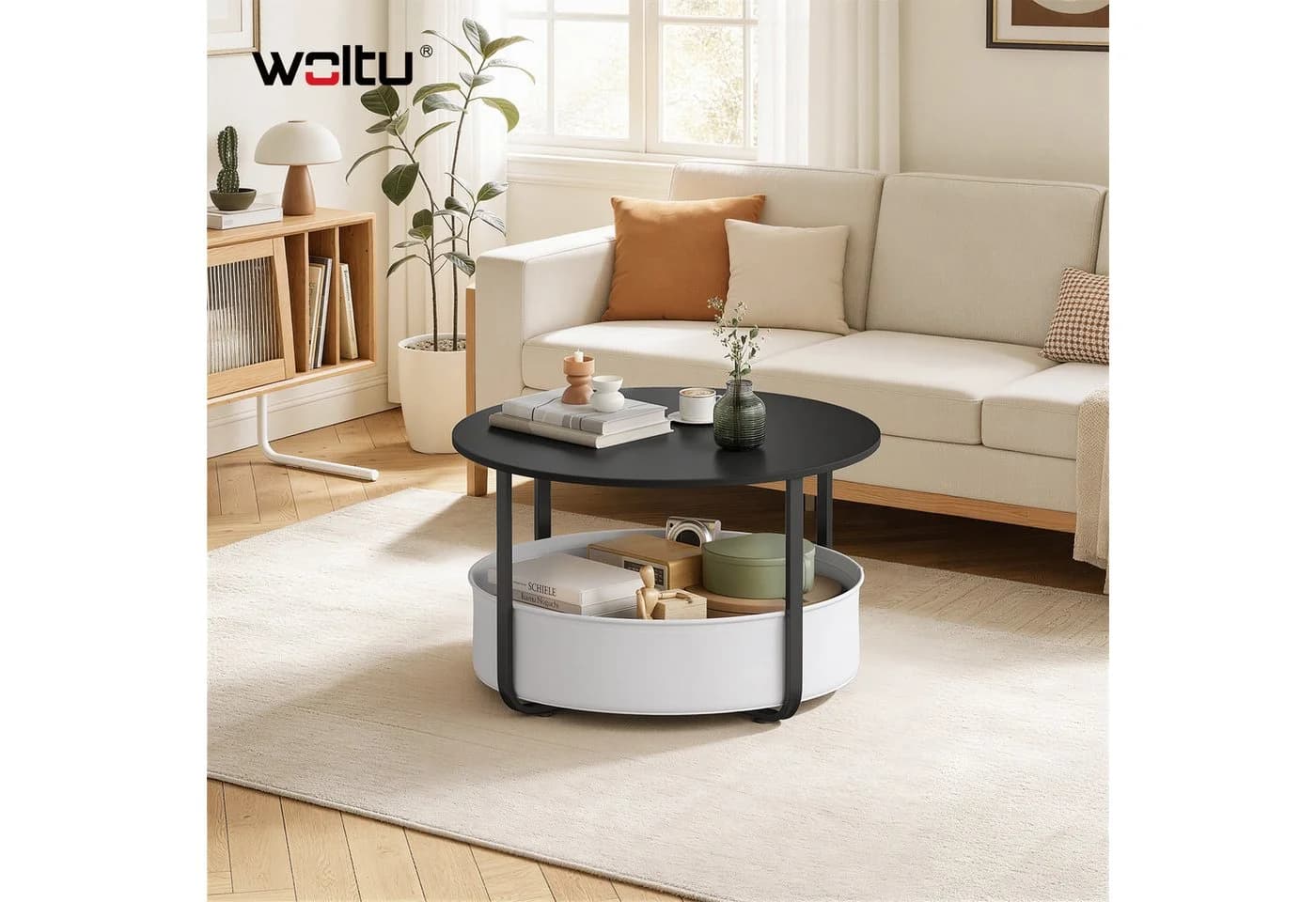 Woltu Runder Couchtisch mit Aufbewahrungskorb Schwarz/Weiß