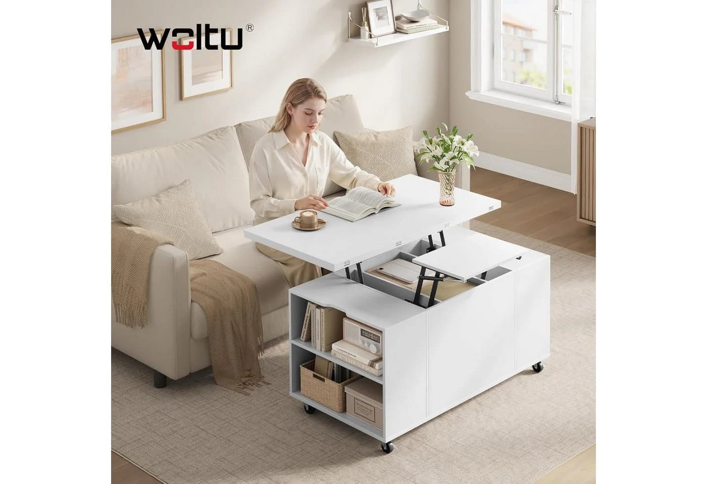 WOLTU Couchtisch höhenverstellbar mit Rollen und Schublade Weiß