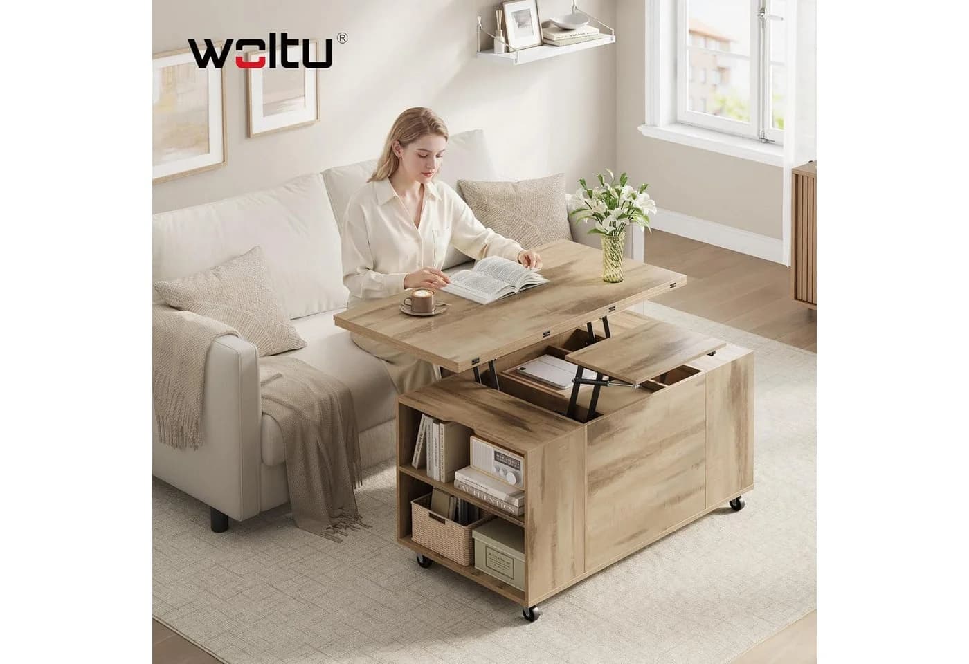Woltu Couchtisch höhenverstellbar mit Rollen und Schublade