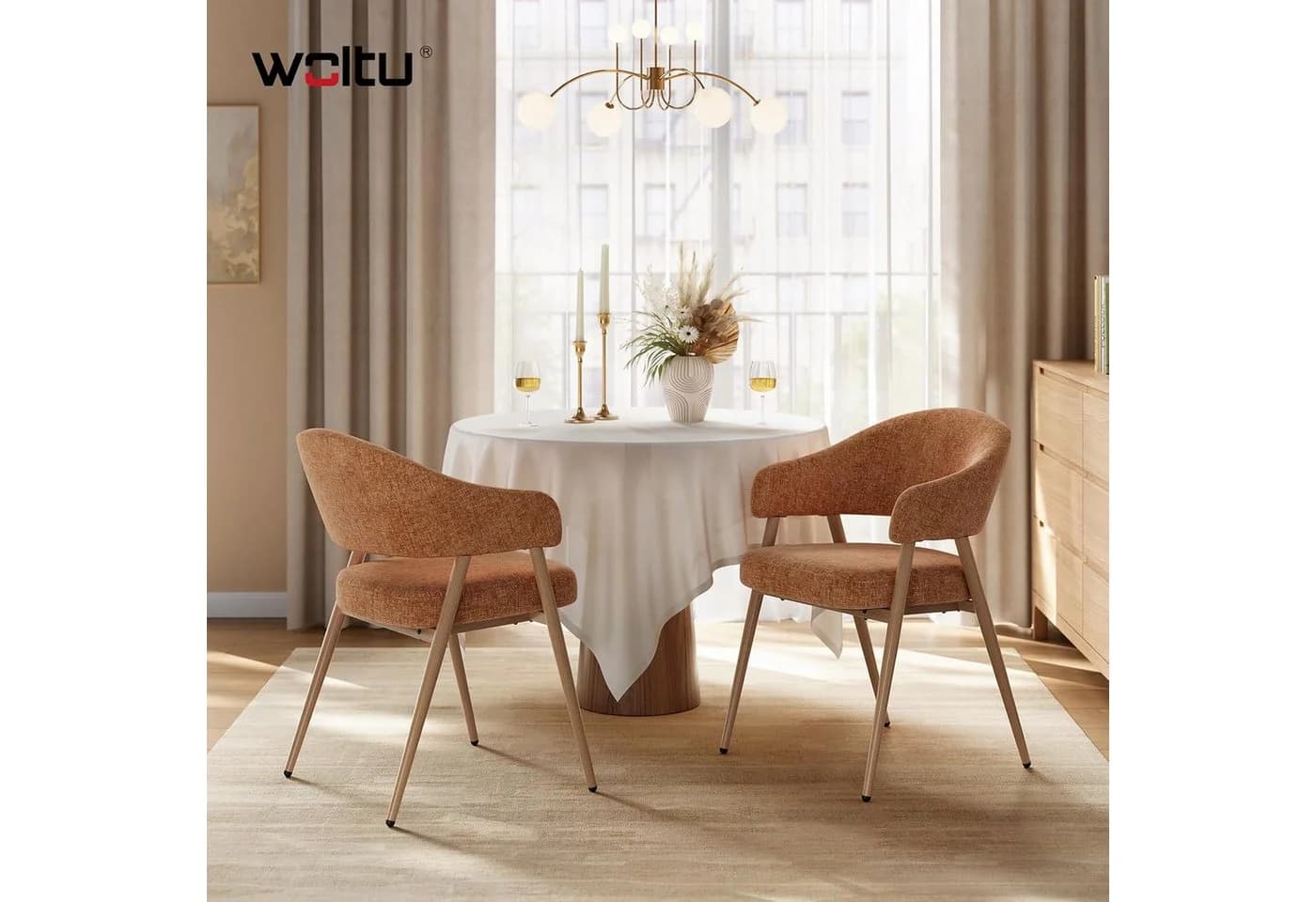 Woltu Esszimmerstuhl 2er Set Chenille Metallbeine Holzoptik Beige/Braun/Grau