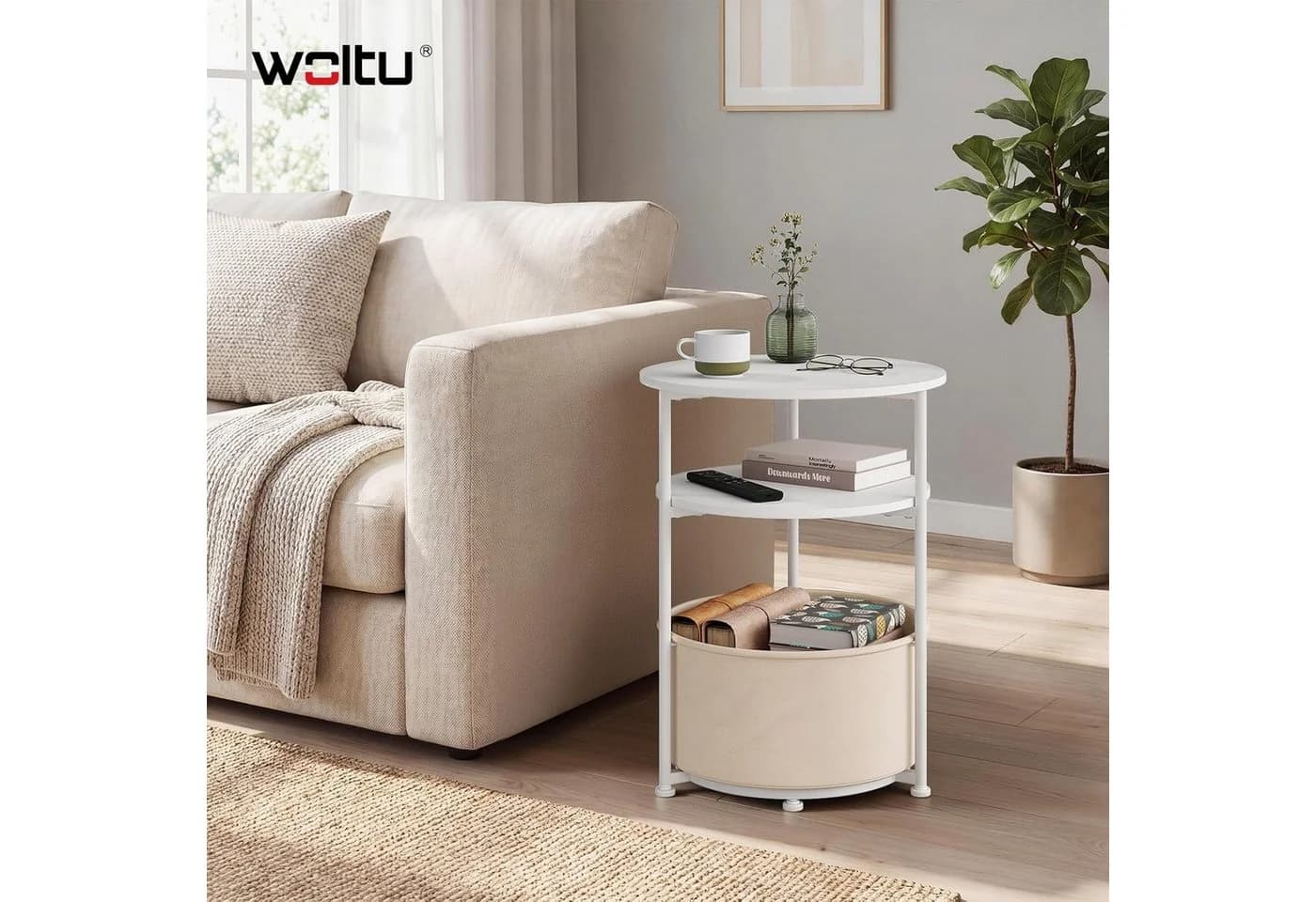 Woltu Dreistufiger Beistelltisch rund Beige/Metall mit Korb