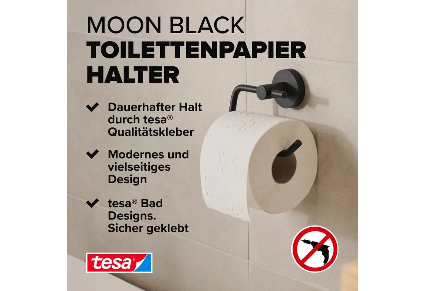 tesa Toilettenpapierhalter MOON Schwarz Selbstklebend