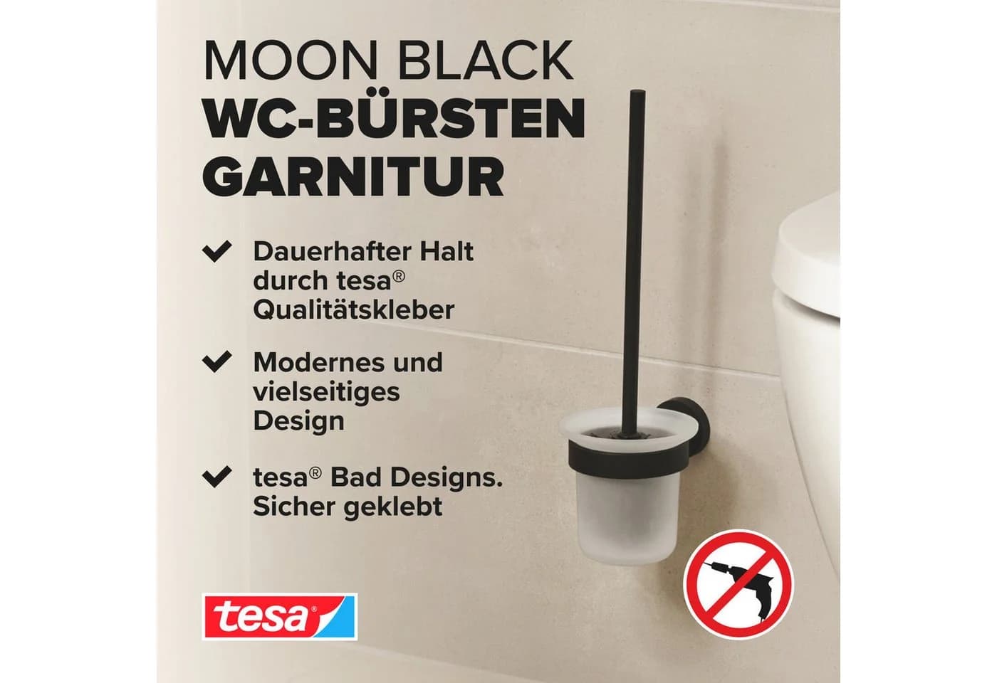 tesa WC-Garnitur MOON Toilettenbürstenhalter Schwarz Selbstklebend