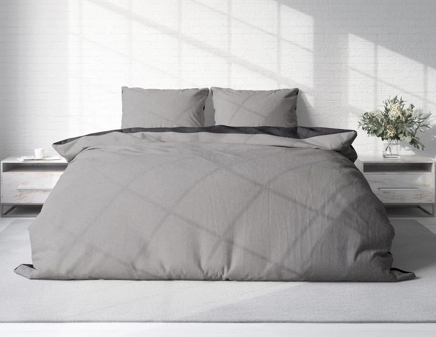 One Home Bettwäsche Doubleface Grau Fleece 3-teilig Wendebettwäsche