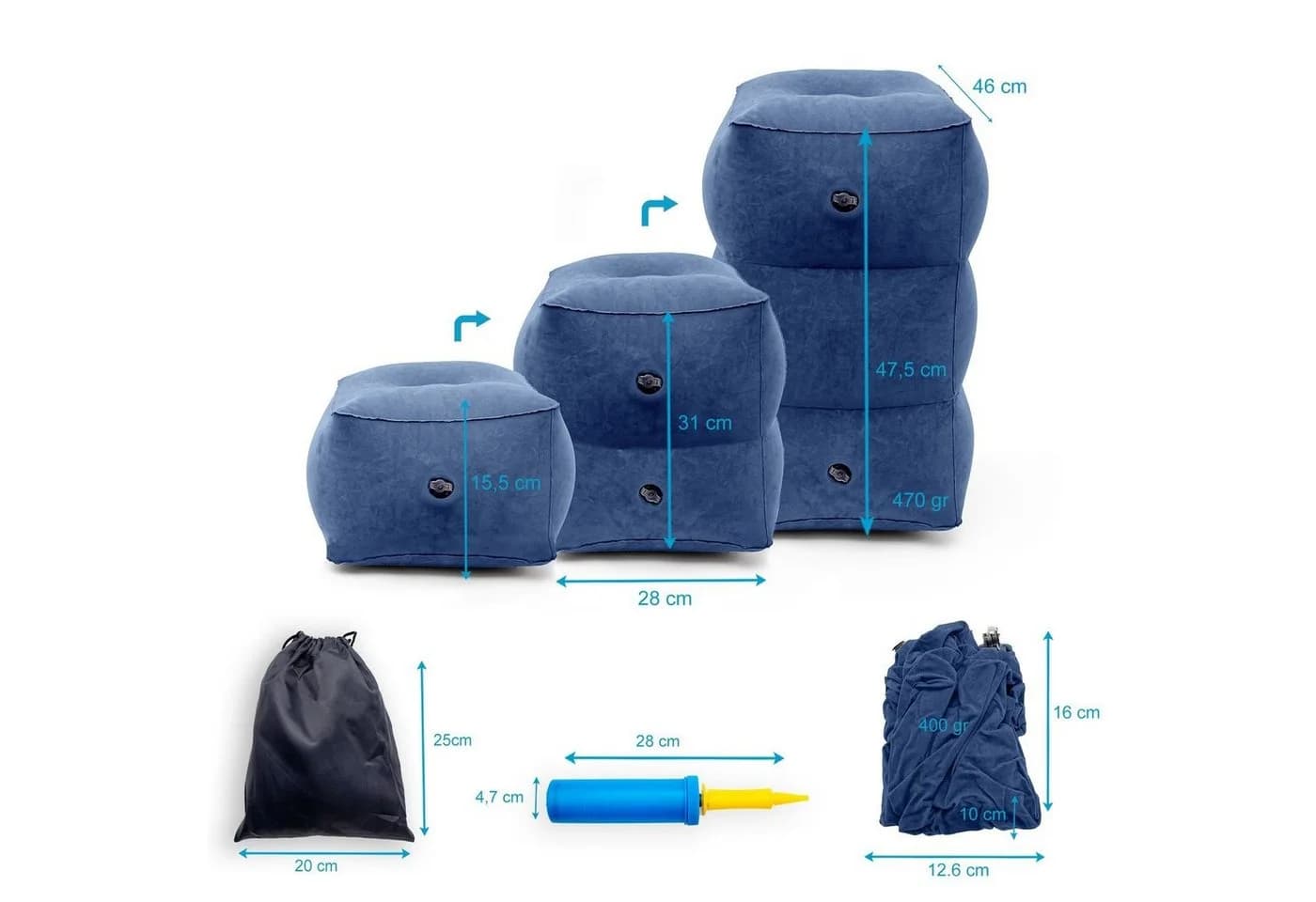 Intirilife Fußstütze Reise Hocker Blau Aufblasbar Faltbar mit Tasche