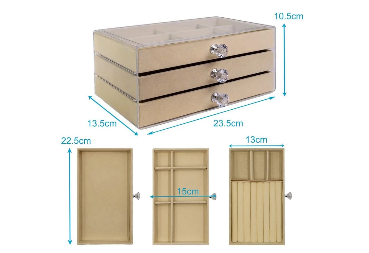 Intirilife Schmuckkasten Beige mit 3 Schubladen und transparenten Deckeln
