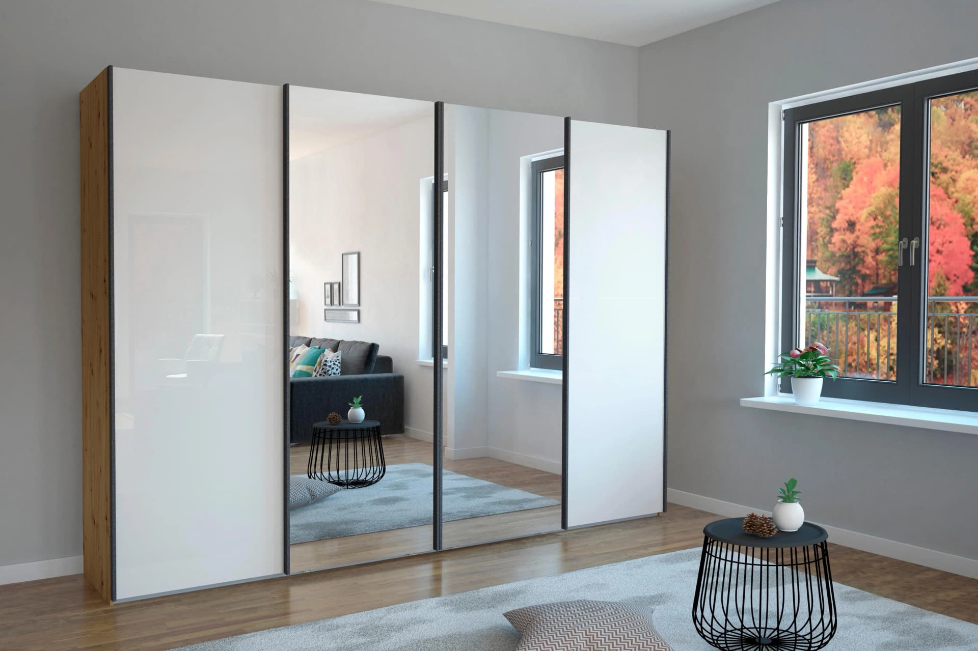 WIEMANN Monaco Schwebetürenschrank Weiß Glas Kristallspiegel