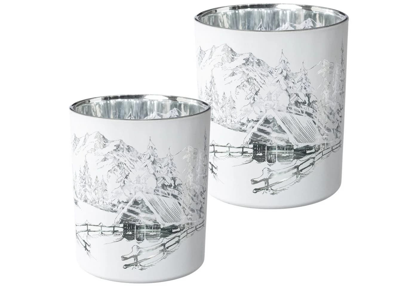 CREATIV HOME Windlichter Set Weiß Glas Wintermotiv