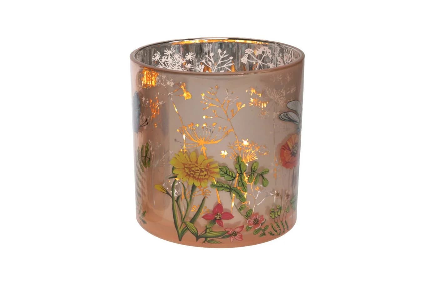 finehomegarden Windlicht Teelichtglas mit Blumen Dekor Teelichterhalter bunt Ø15cm H15cm