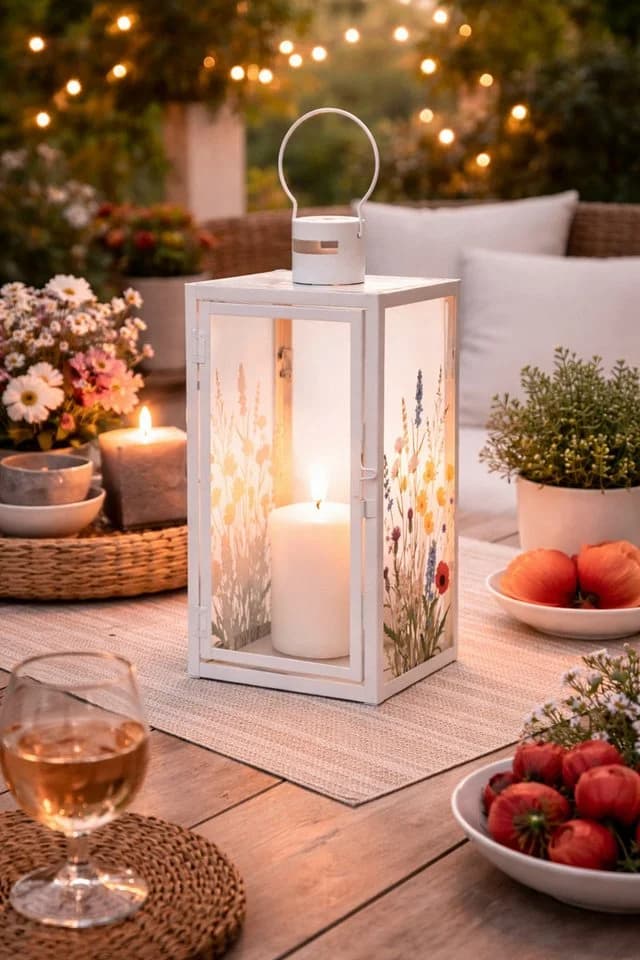 finehomegarden Kerzenlaterne mit Blütenmotiv Weiß Metall & Glas