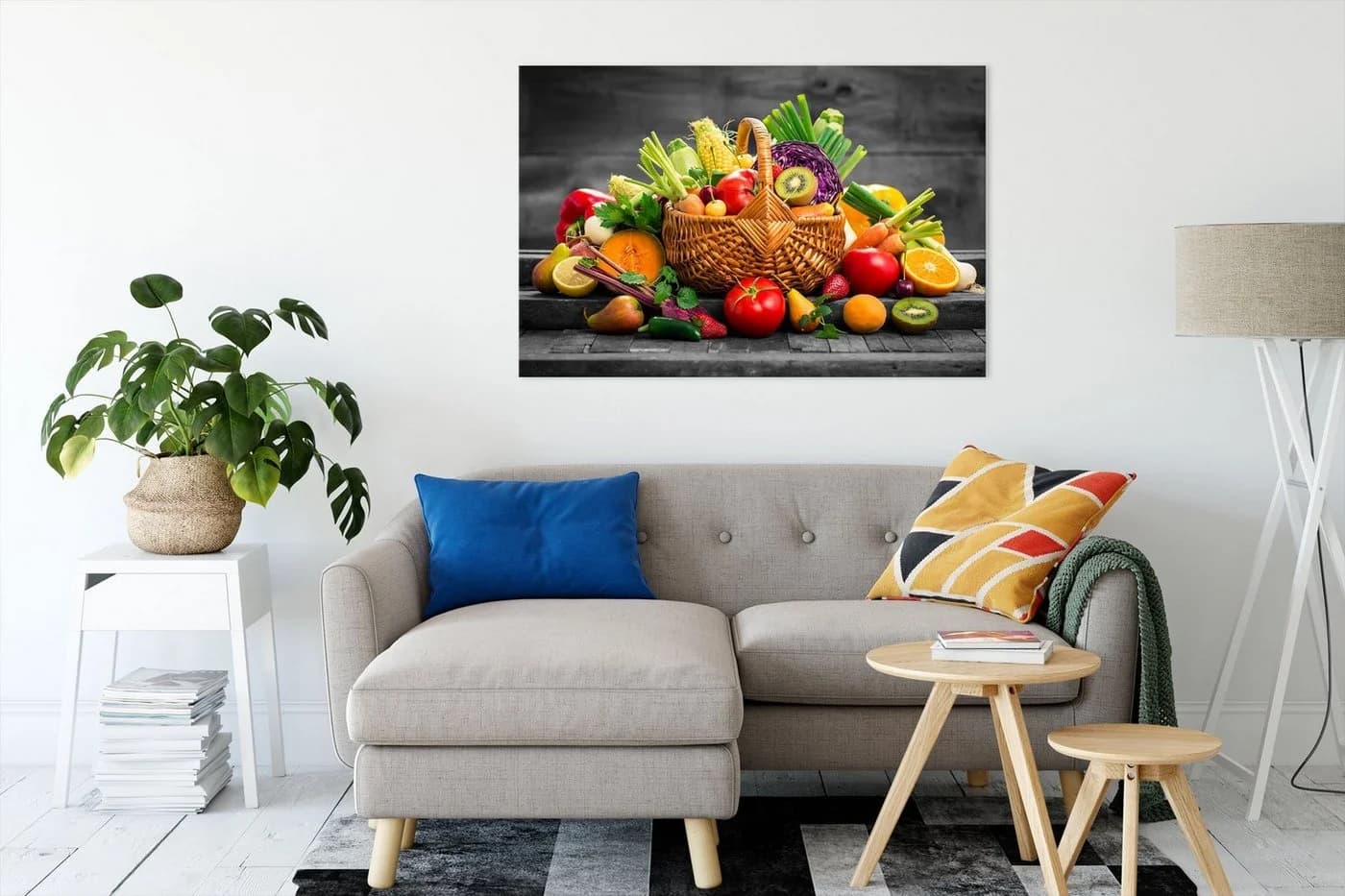 Pixxprint Leinwandbild Frisches Obst und Gemüse im Korb Bunt