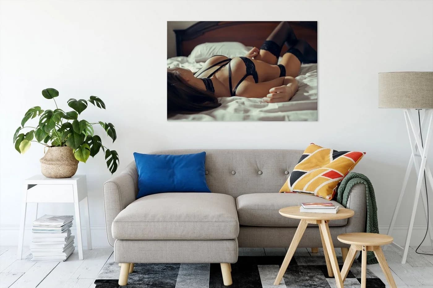 Pixxprint Leinwandbild Frau in Dessous Bett Bunt