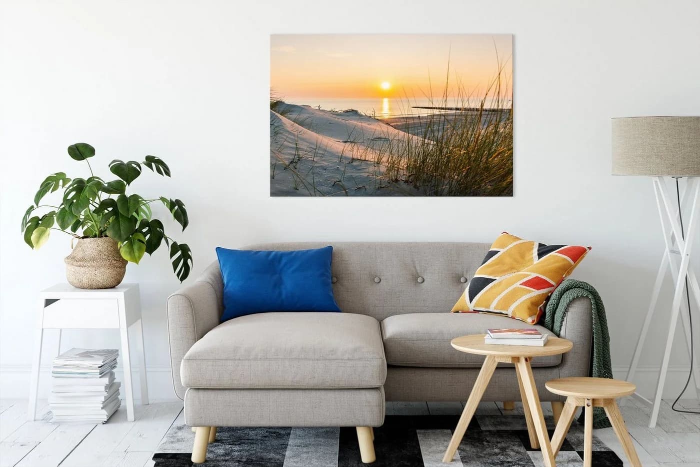 Pixxprint Leinwandbild Dünenblick Meer Sonnenuntergang