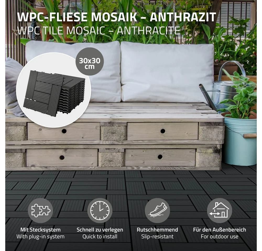 ECD Germany Terrassenfliesen WPC Anthrazit mit Klicksystem