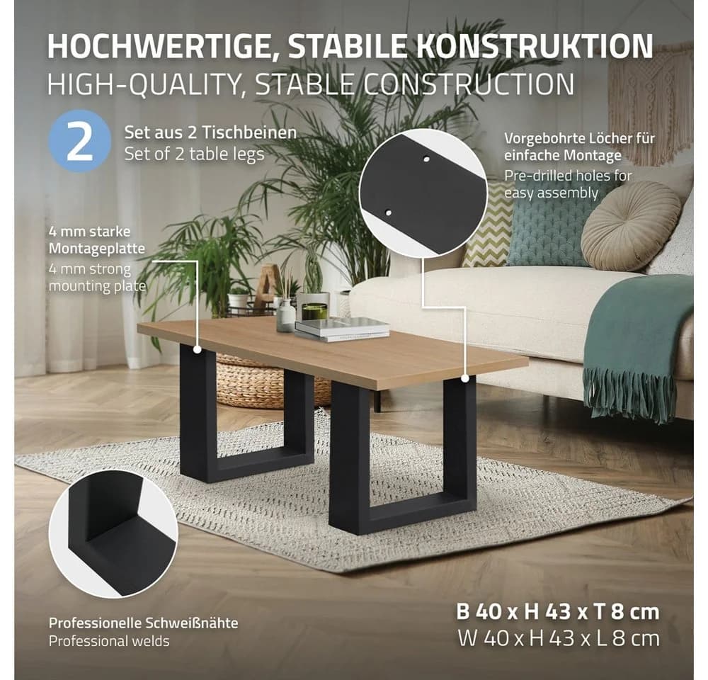 ECD Germany Tischbein 2x Schwarz Pulverbeschichteter Stahl Industrial Design