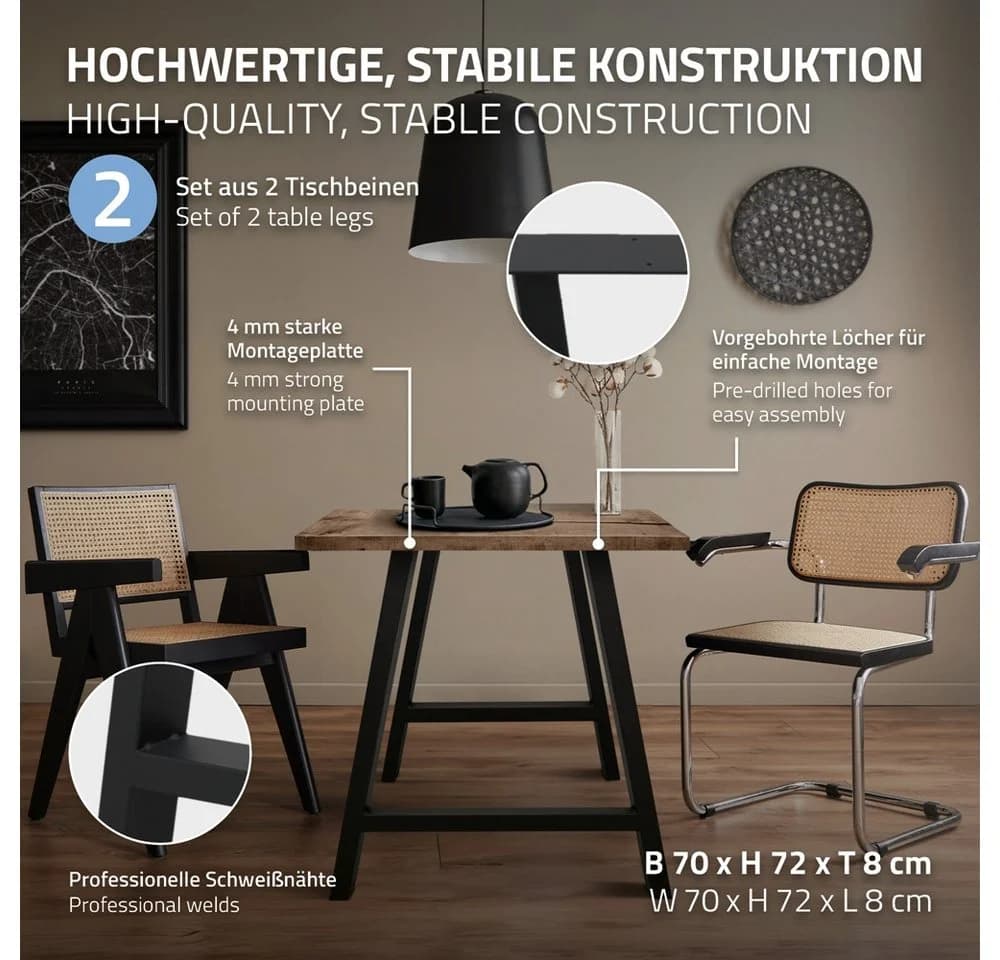 ECD Germany Tischbein 2x A-Design Schwarz Pulverbeschichteter Stahl