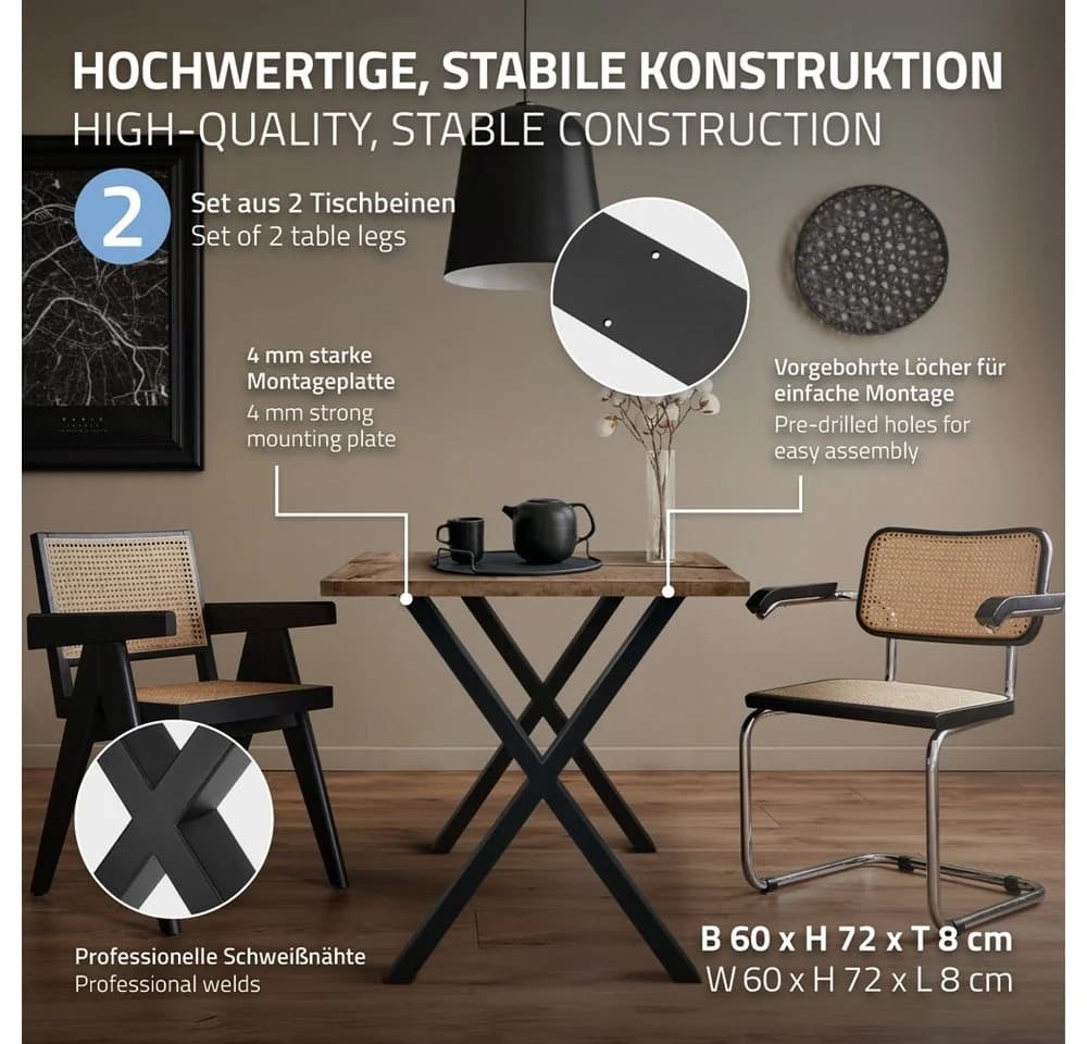 ECD Germany Tischbein X-Design Schwarz Stahl 60x72 cm