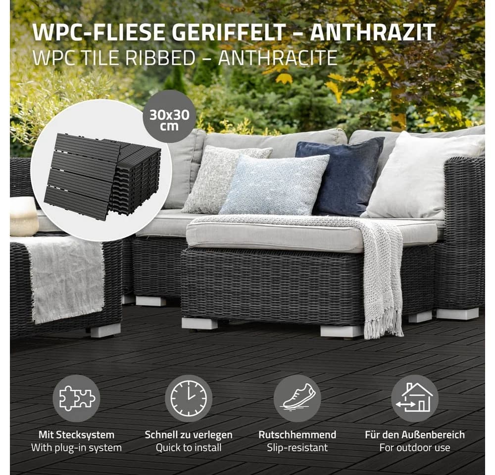 ECD Germany Terrassenfliesen WPC Anthrazit mit Klicksystem & Drainage