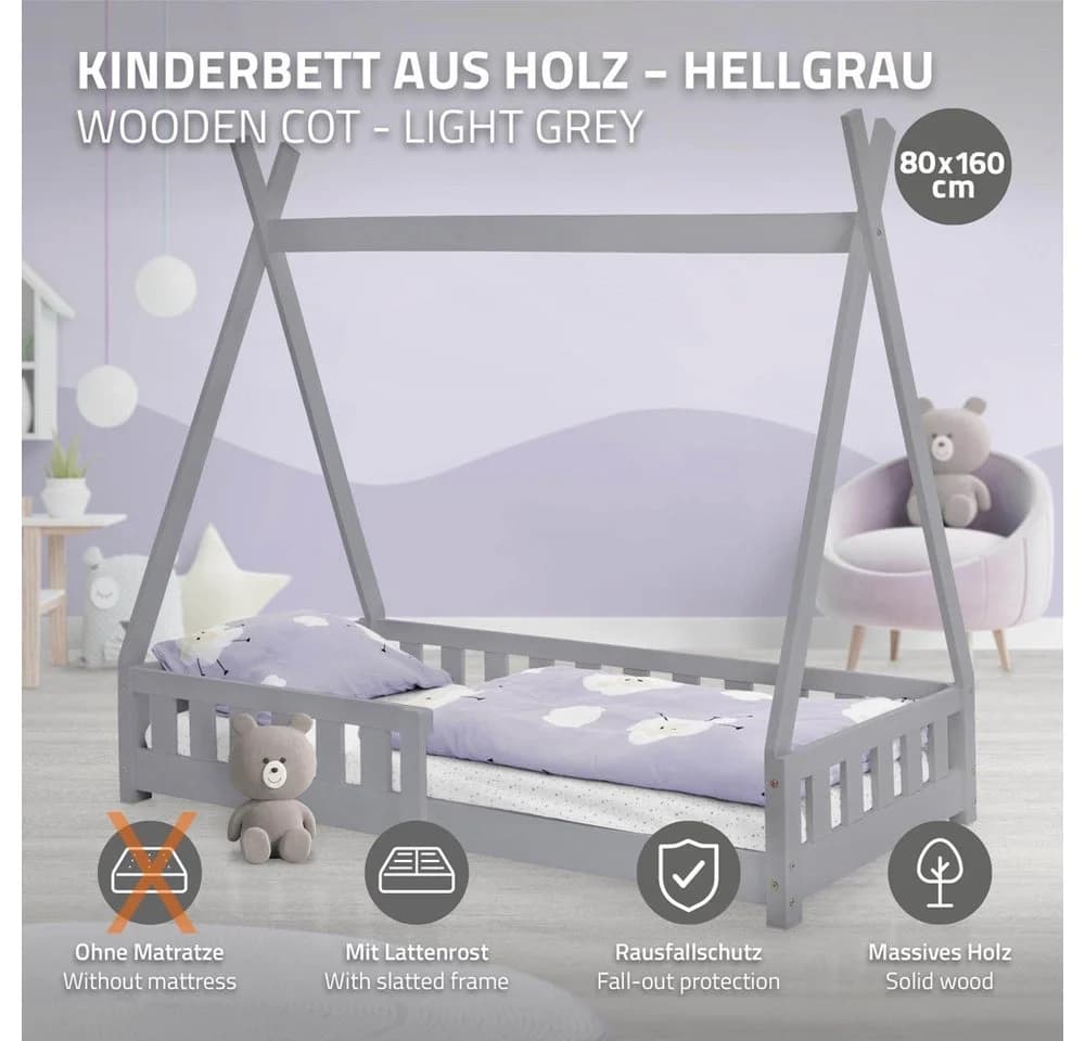ML-DESIGN Tipi Kinderbett Grau mit Rausfallschutz & Lattenrost