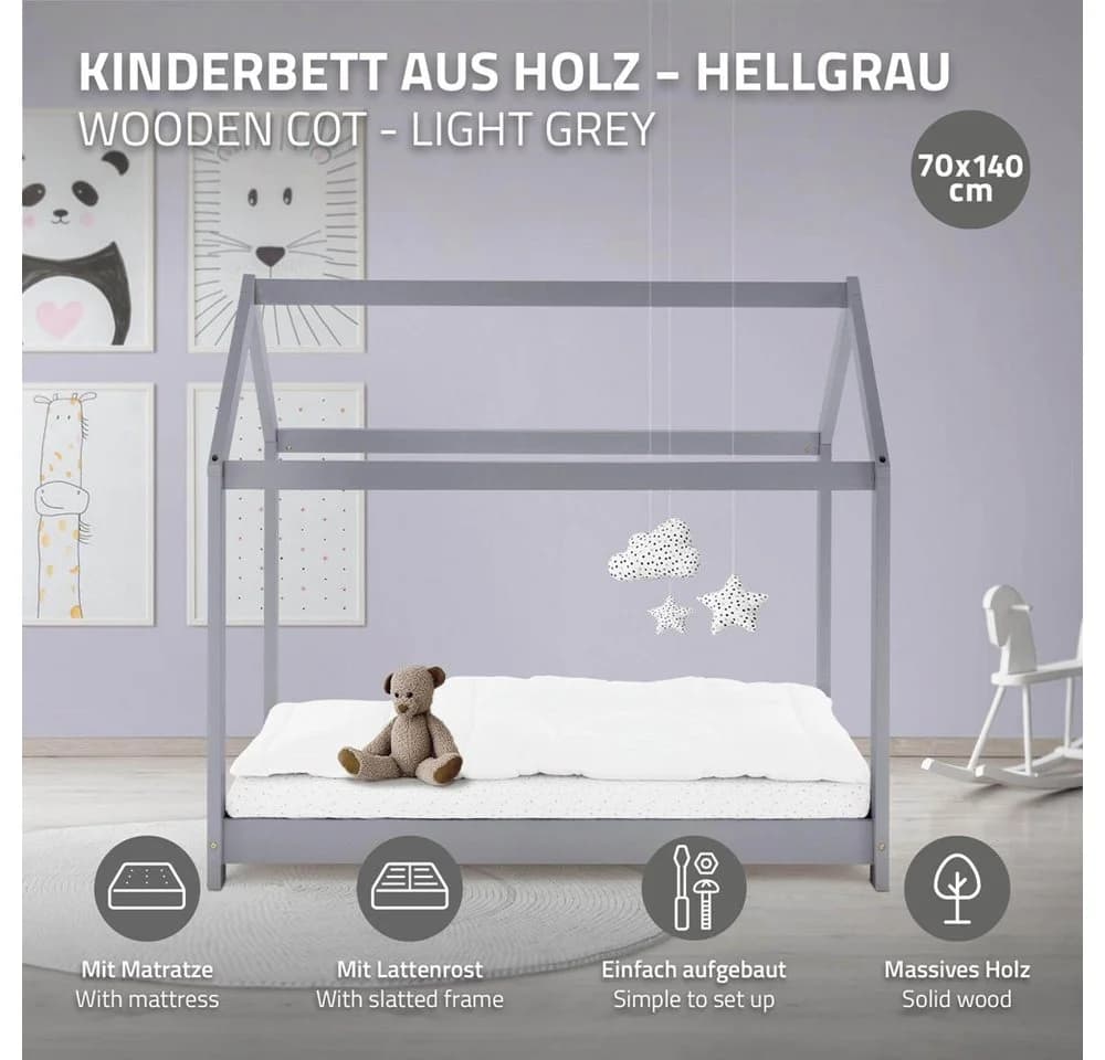 ML-DESIGN Kinderbett Hausdesign Hellgrau mit Matratze