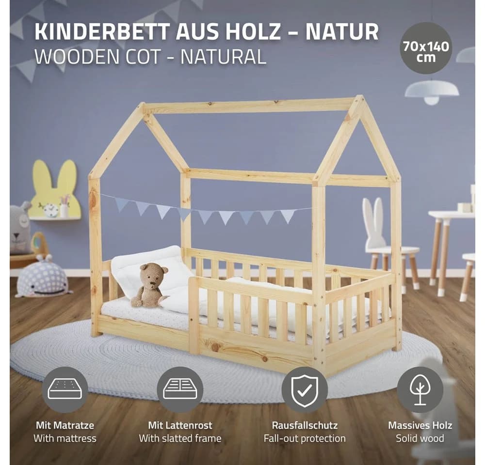 ML-DESIGN Spielbett Hausbett Kiefer Natur mit Lattenrost & Matratze
