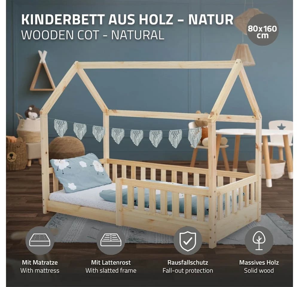 ML-DESIGN Spielbett Hausbett Kinderbett mit Dach und Matratze Kiefer Natur