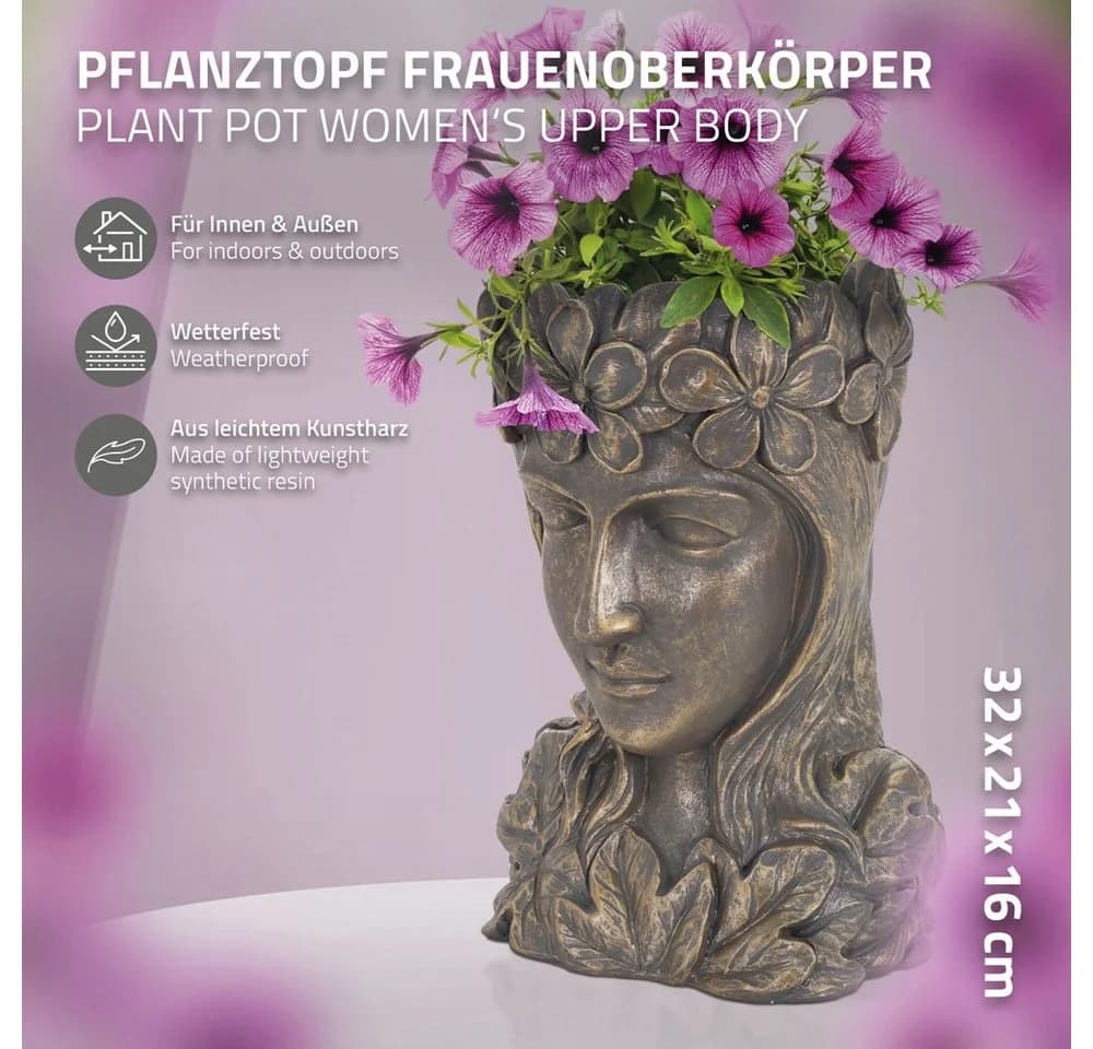 ML-Design Blumentopf Frauenkopf Bronze Polyresin Pflanzgefäß