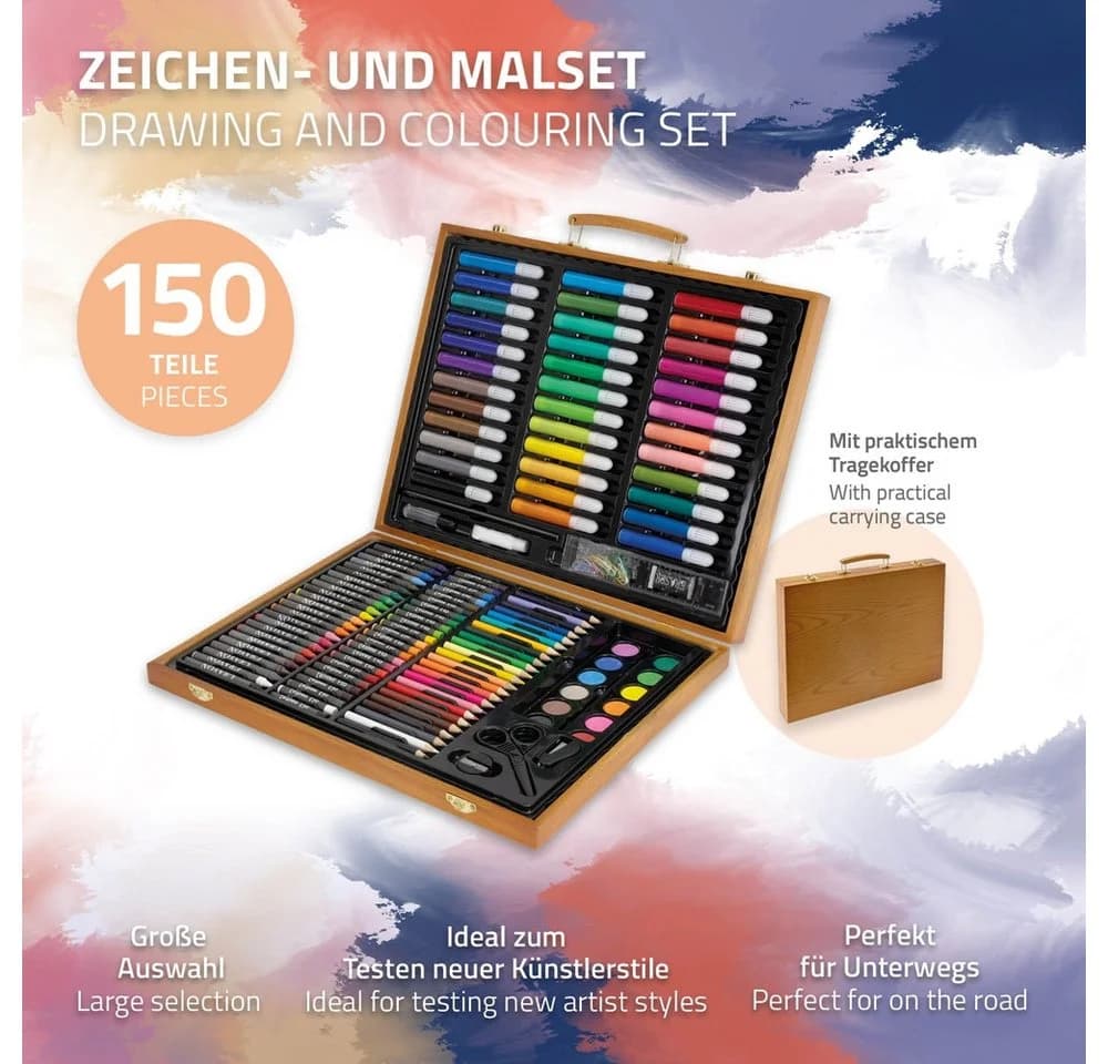 ECD Germany Kreativset 150-tlg. Malset in Holzkoffer Braun/Bunt