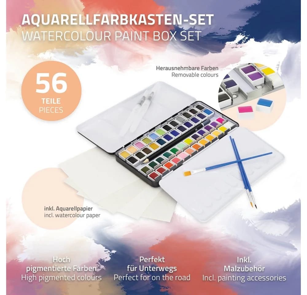 ECD Germany Kreativset Kunst- und Zeichenset Malkoffer für Kinder und Erwachsene, 48-tlg, Aquarellfarben Set 48 Farben, Pinsel, Bleistift 2B, Aquarellstift