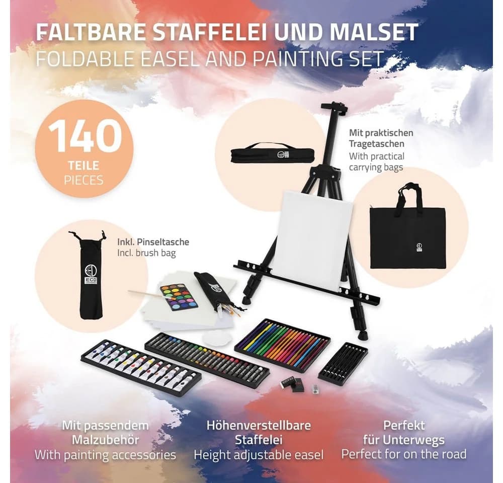 ECD Germany Standstaffelei Kunst- und Zeichenset Malset 140-Teilig mit Staffelei, Wasserfarben, Pastellkreide, Pinselset