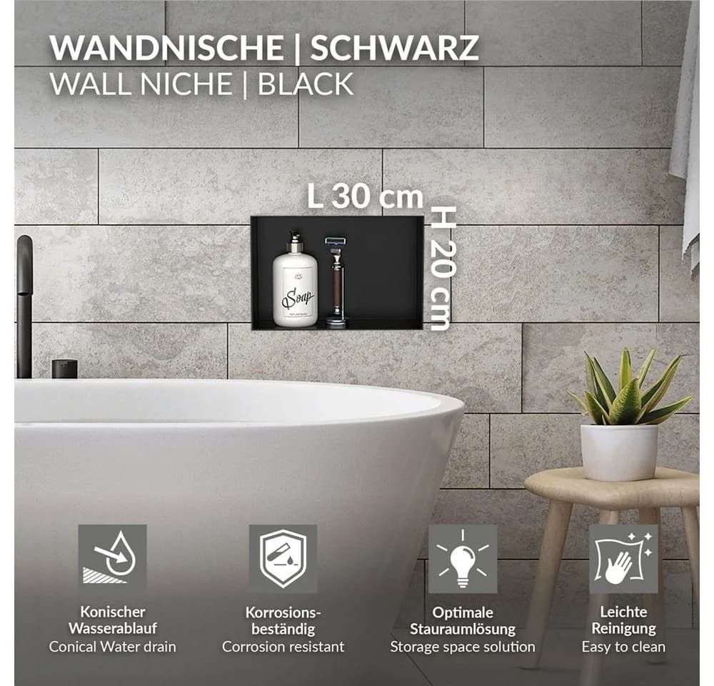LuxeBath Duschnische Schwarz Randlos Einbau Edelstahl