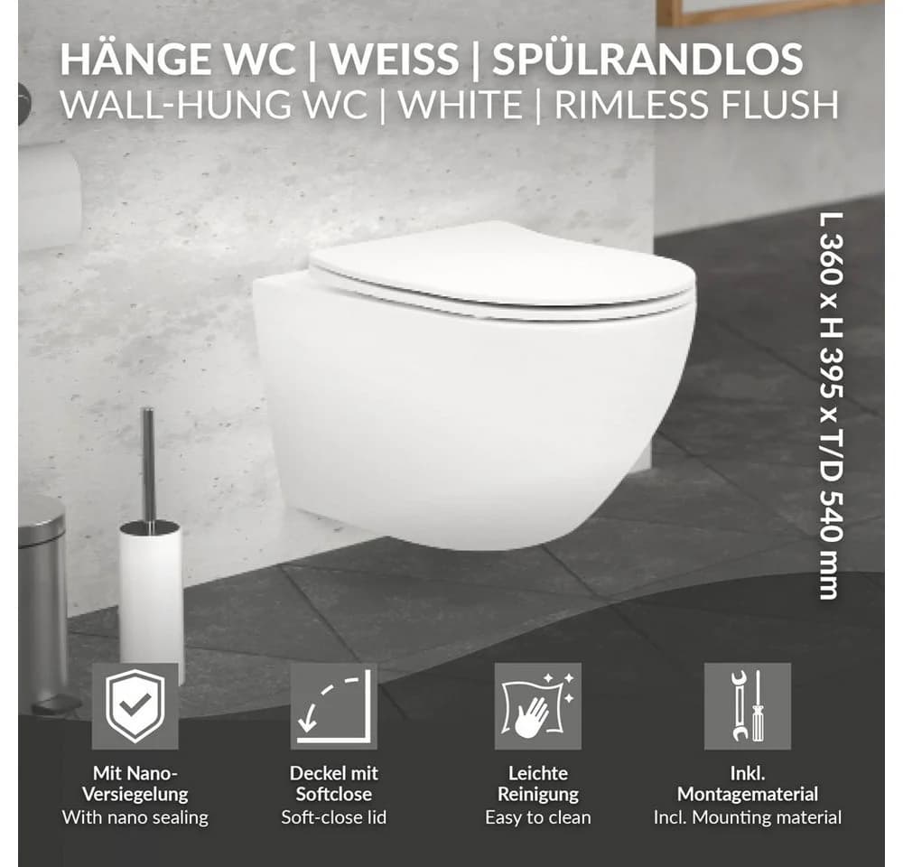 LuxeBath Spülrandloses Hänge-WC Weiß mit Softclose-Sitz & Nanobeschichtung