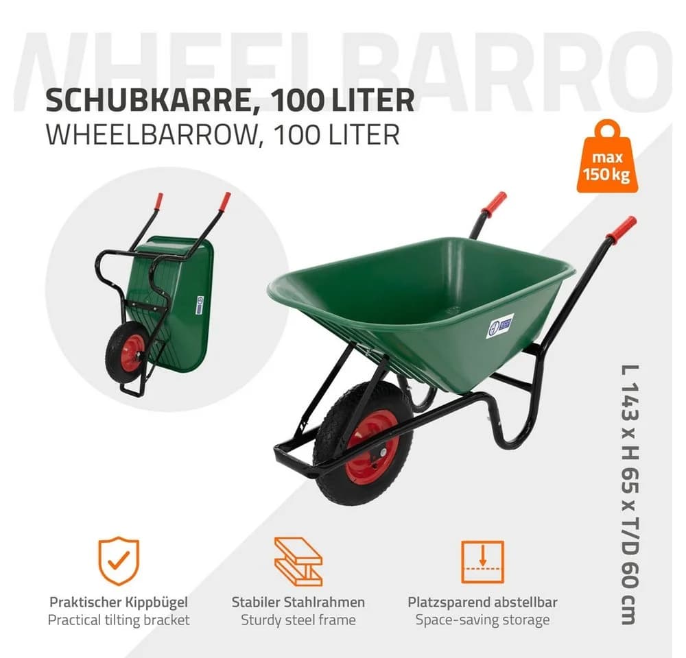 ECD Germany Schubkarre 100L Grün mit Luftreifen & Stahlrahmen