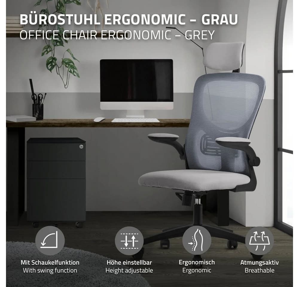 ML-DESIGN Bürostuhl Ergonomisch mit Verstellbarer Kopfstütze und Armlehnen Grau