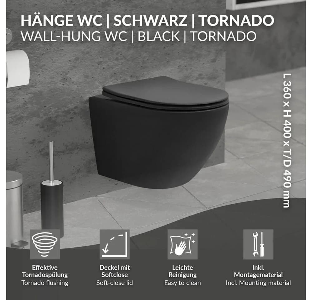 LuxeBath Tiefspül-WC Spülrandlos Schwarz Tornadospülung Softclose-Klodeckel