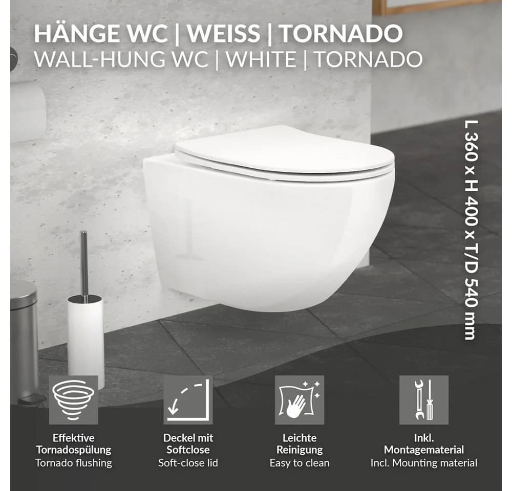 LuxeBath Hänge-WC Spülrandlos Weiß mit Softclose-Sitz & Tornadospülung
