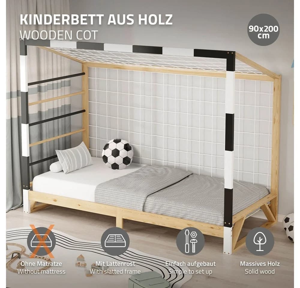 ML-DESIGN Fußballtor Kinderbett mit Lattenrost, Kletterleiter & Netz