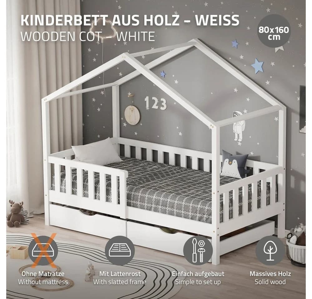 ML-DESIGN Kinderbett Hausform Weiß mit Schubladen