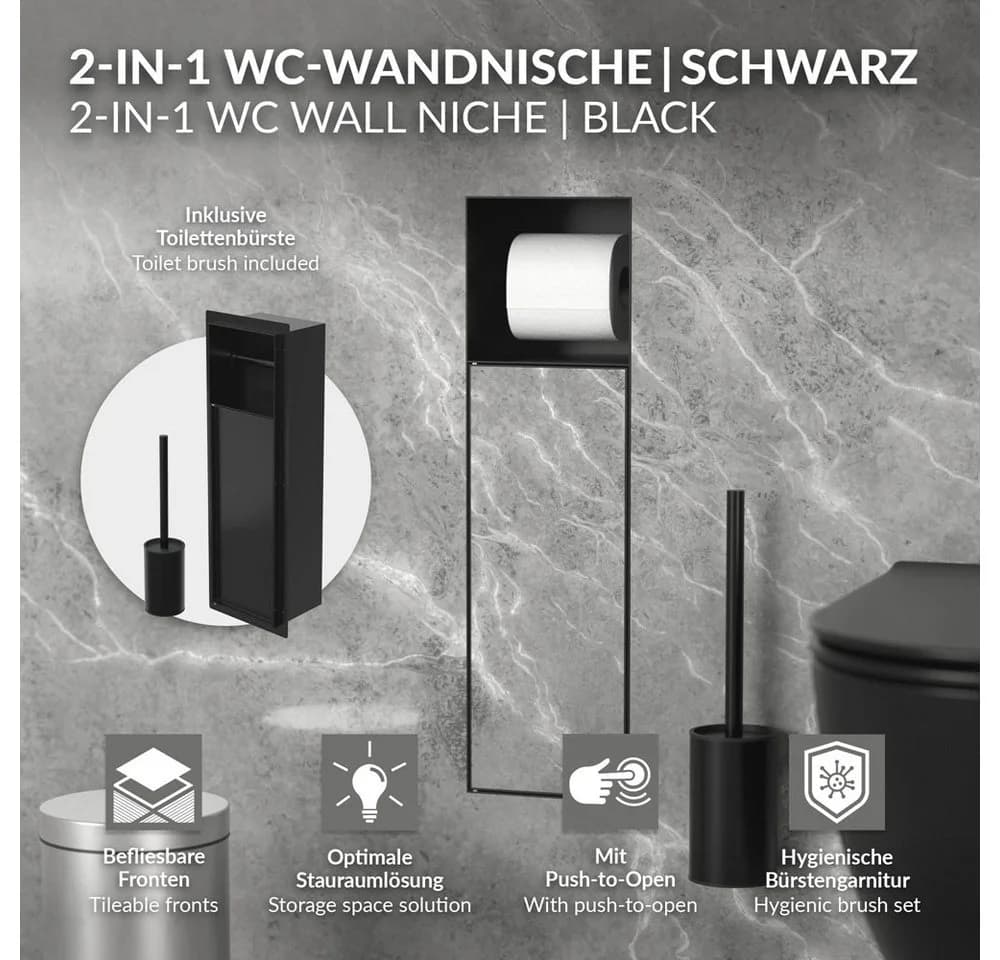 LuxeBath Unterputz-WC-Modul Schwarz Edelstahl mit Toilettenpapierhalter