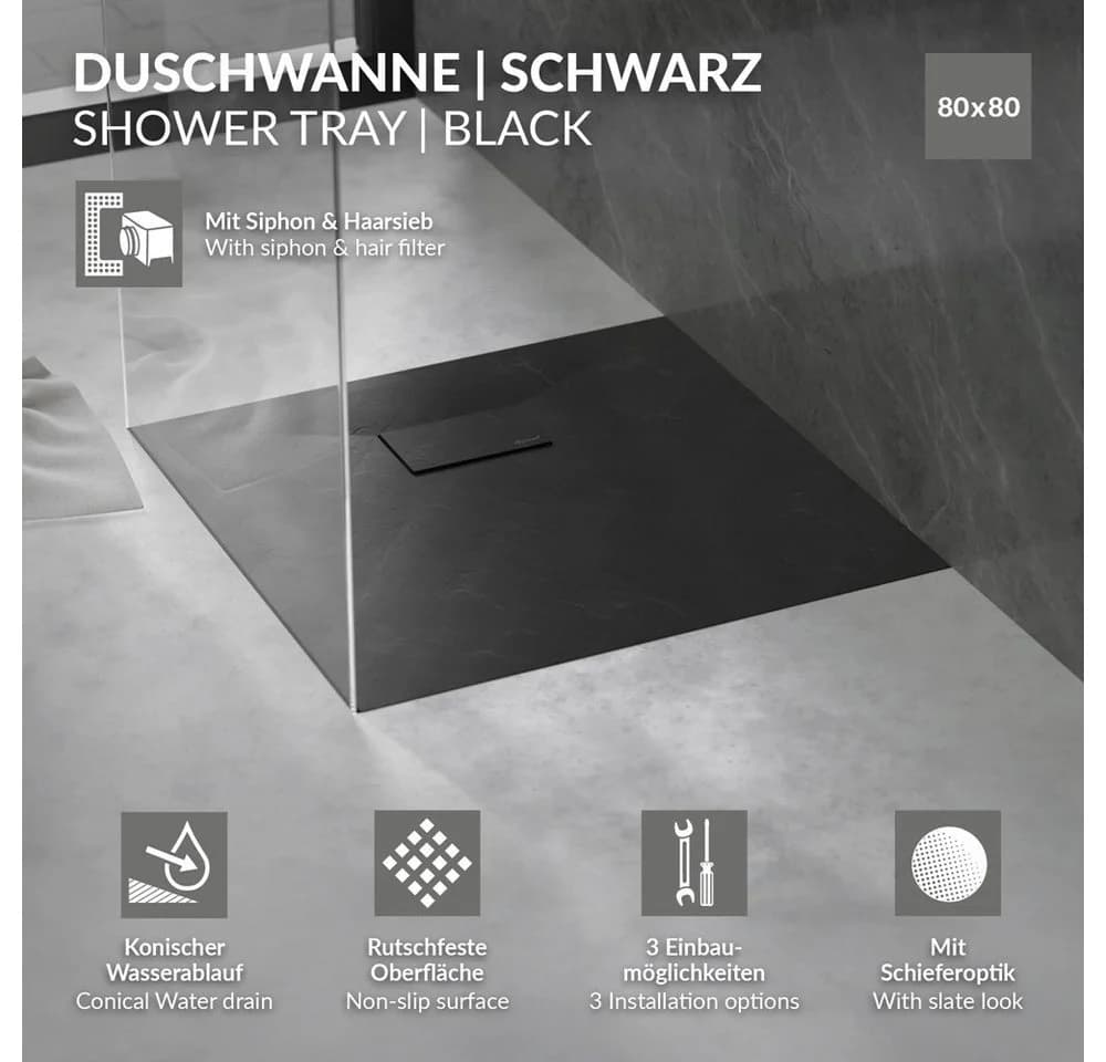 LuxeBath Duschwanne 80x80cm Schwarz mit Ablaufgarnitur