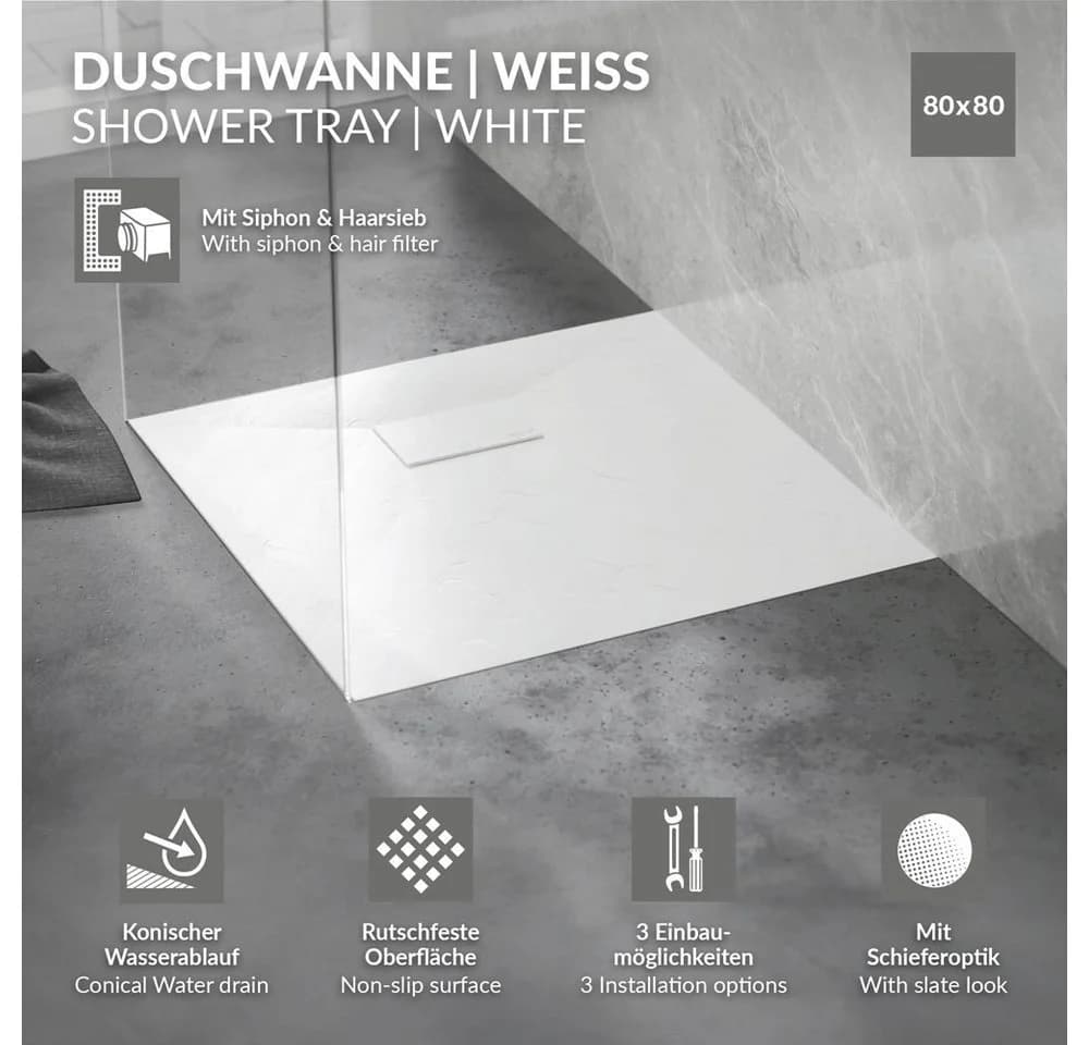 LuxeBath Duschwanne 80x80 cm Weiß Rutschfest