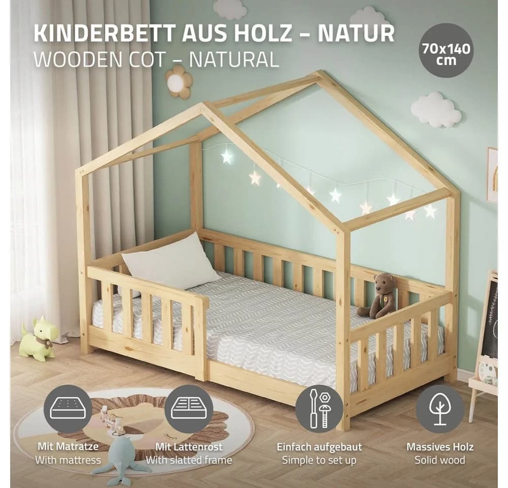ML-DESIGN Kinderbett Hausbett 70x140 cm mit Matratze Kiefernholz Natur
